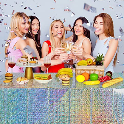 Silver Iridescent Plastic Tablecloths 4 Pack - Shiny Disposable Rectangular Covers