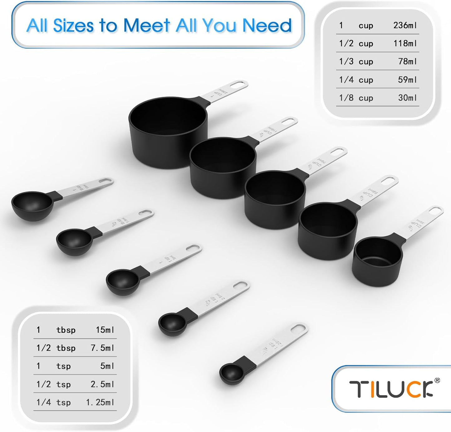 TILUCK Measuring Cups & Spoons Set - Stackable Kitchen Gadgets with Stainless Steel Handles | Black