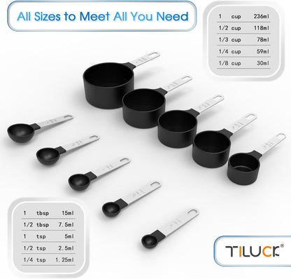 TILUCK Measuring Cups & Spoons Set - Stackable Kitchen Gadgets with Stainless Steel Handles | Black