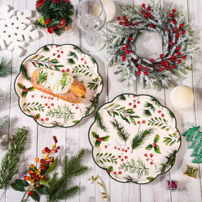 Holly Berry Christmas Paper Plates - 7 Inch Scalloped Holiday Party Disposables