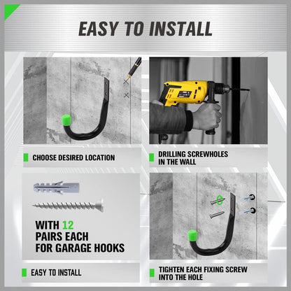 SWANLAKE Garden Tools | 12-Piece Heavy Duty Garage Storage Hooks Set - Utility Bike Wall Hooks