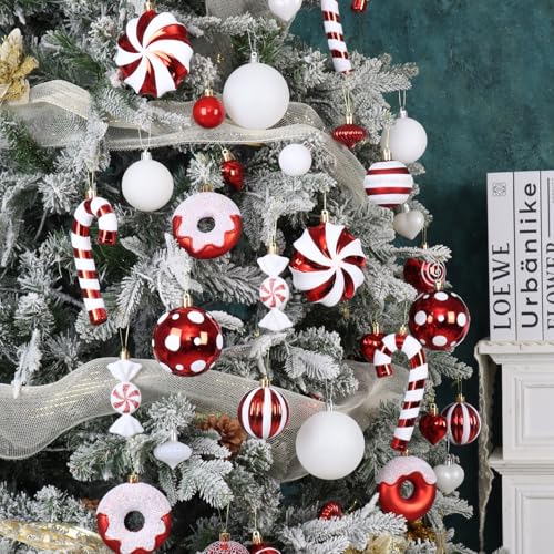 Red & White Christmas Ornaments Set - Candy Cane & Donut Theme, 105 Pcs