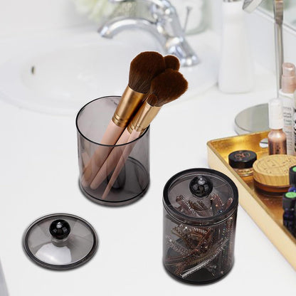 Skiennix Cotton Buds Dispenser - Clear Black Round Holder Set | 10 oz Apothecary Jar for Bathroom Storage