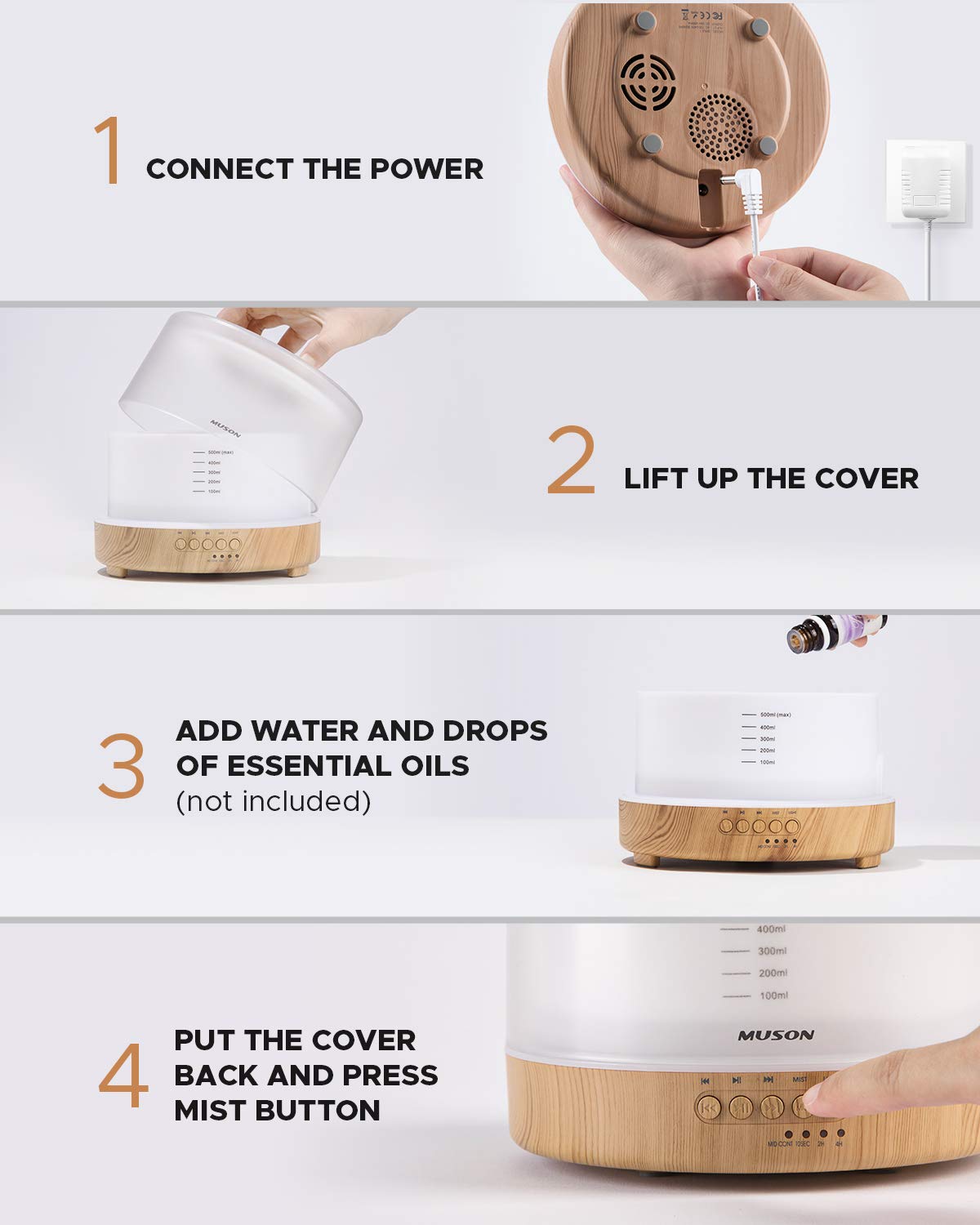 muson Essential Oil Diffuser Sound Machine Combo Diffuser for Aromatherapy Fragrant Oil Cool Mist Humidifier with Natural Sound Music & Warm Night Light, Auto Shutoff, White