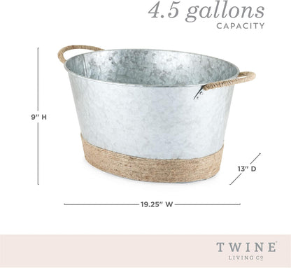 Twine Seaside Jute Rope Wrapped Farmhouse Galvanized Ice Metal Beverage Tub, Wine, Beer Bottle Bucket, 4.5 Gallons