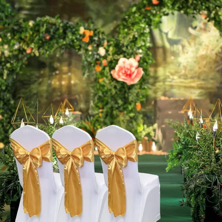 Skiennix Satin Chair Sashes - 50PCS Elegant Ribbon Ties for Wedding & Event Decor | Gold