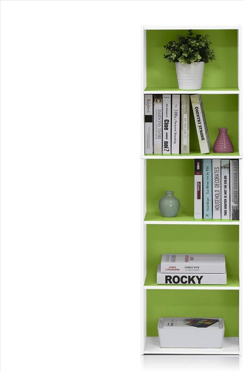 Furinno LUDER 5-Tier Bookshelf - Open Shelves for Easy Assembly | White/Green, 9.4 x 15.8 x 52 Inches