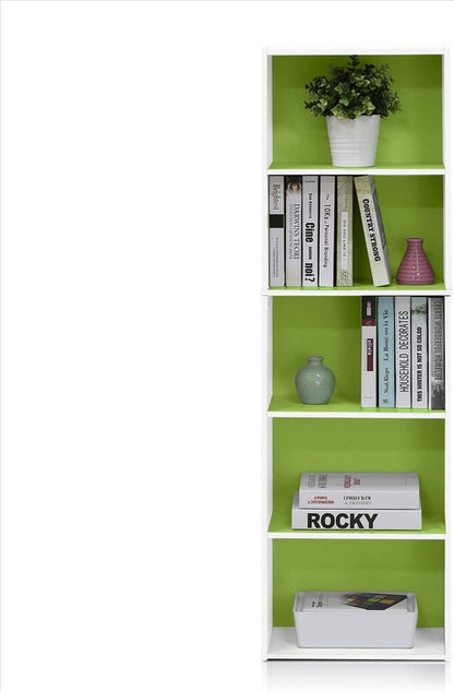 Furinno LUDER 5-Tier Bookshelf - Open Shelves for Easy Assembly | White/Green, 9.4 x 15.8 x 52 Inches