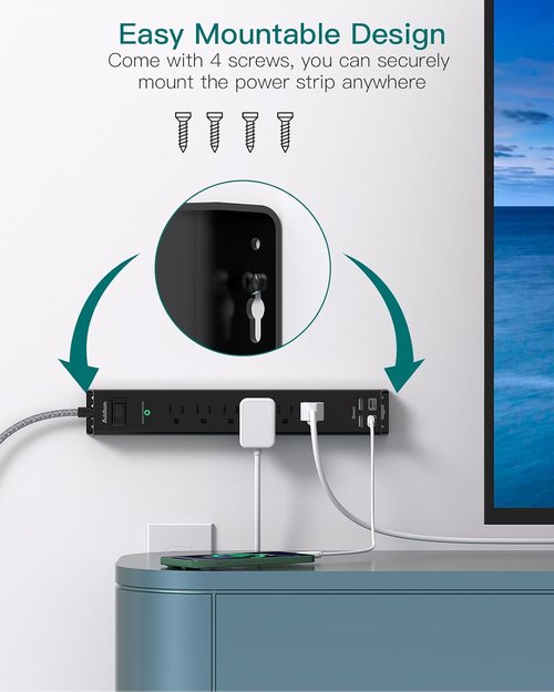 Addtam Surge Protector Power Strip - 6 AC Outlets & 4 USB Ports (2 USB-C) | 1875W Flat Plug for Home & Office