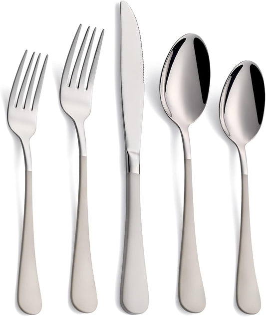 Skiennix 20-Piece Off White Silverware Set - Modern 18/0 Stainless Steel Flatware for 4 | Dishwasher Safe