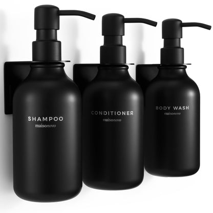 MaisoNovo Shampoo and Conditioner Dispenser - Shower Soap Dispenser Wall Mounted - 16.9 fl oz Set of 3 Black Plastic Bottles Black Pump - Shampoo Dispenser, Shower Dispenser 3 Chamber No Drill