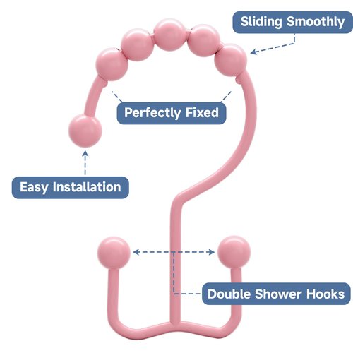 Titanker Shower Curtain Hooks Rings, Rust-Resistant Metal Double Glide Shower Hooks for Bathroom Shower Rods Curtains, Set of 12 Hooks - Light Pink