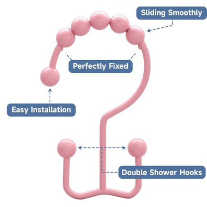 Titanker Shower Curtain Hooks Rings, Rust-Resistant Metal Double Glide Shower Hooks for Bathroom Shower Rods Curtains, Set of 12 Hooks - Light Pink