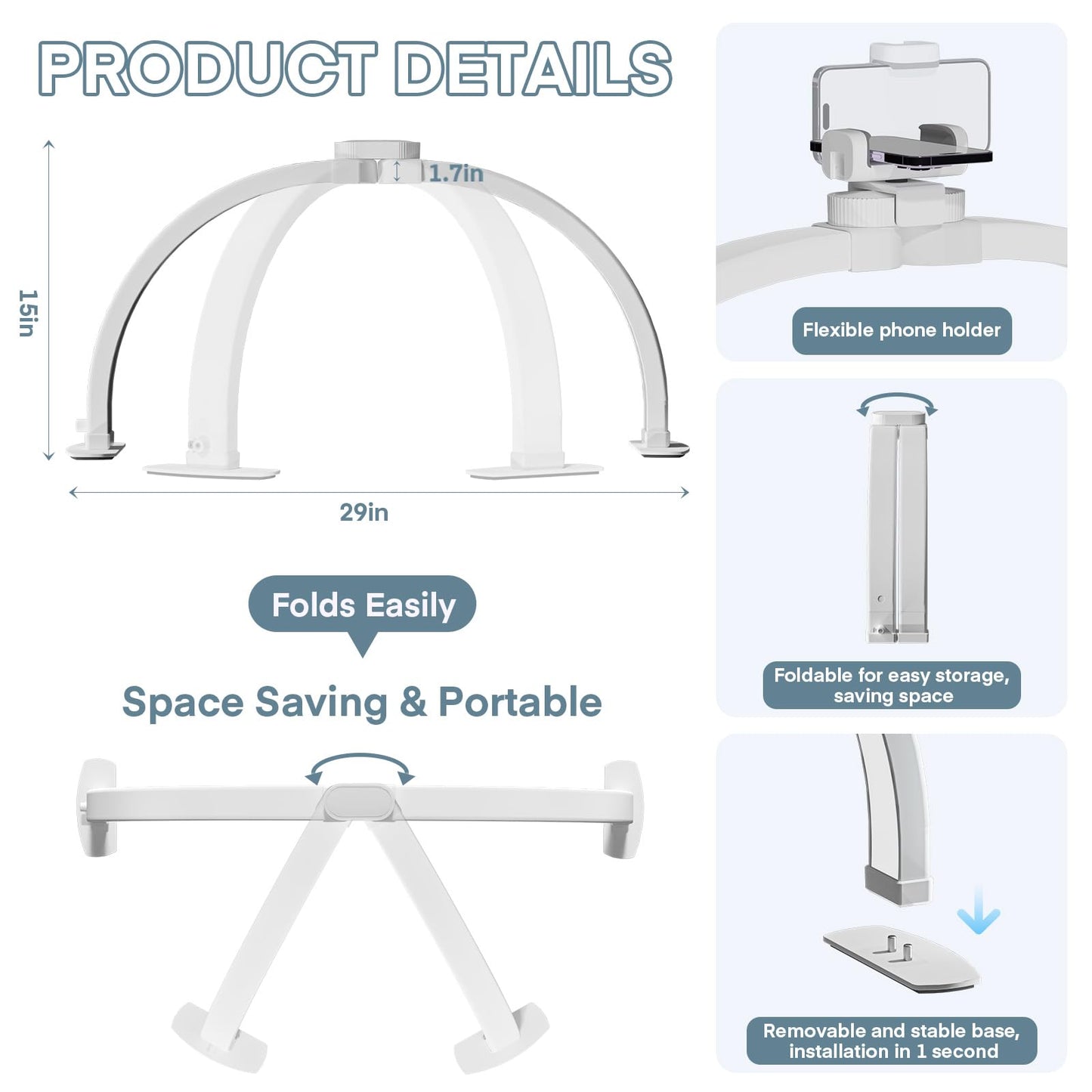 MYSWEETY Foldable Half Moon Light for Nail Desk, 29 Inch Led Nail Tech Desk Lamp, Half Moon Table Lamp with Phone Holder, 3000-6500K Esthetician Lash Light for Eyelash Extensions, Tattoo, Eyebrow