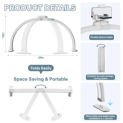 MYSWEETY Foldable Half Moon Light for Nail Desk, 29 Inch Led Nail Tech Desk Lamp, Half Moon Table Lamp with Phone Holder, 3000-6500K Esthetician Lash Light for Eyelash Extensions, Tattoo, Eyebrow