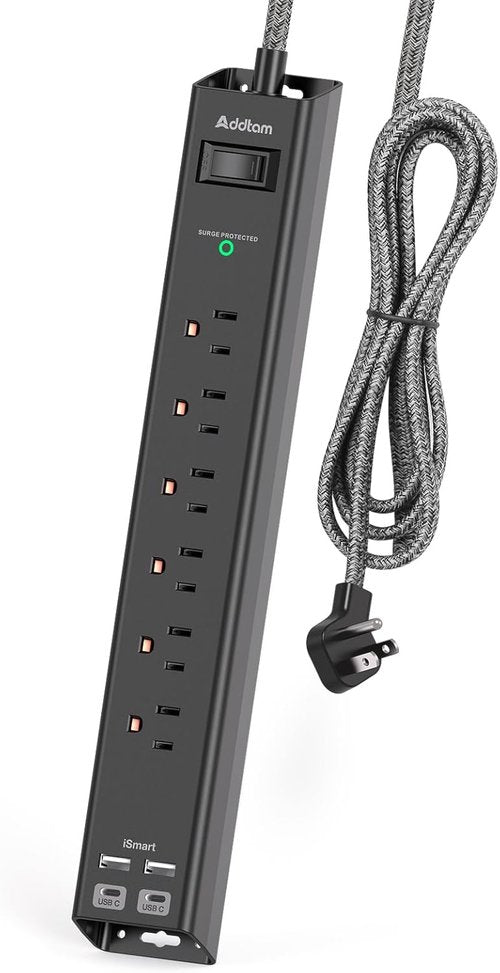 Addtam Surge Protector Power Strip - 6 AC Outlets & 4 USB Ports (2 USB-C) | 1875W Flat Plug for Home & Office