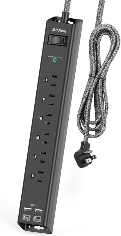 Addtam Surge Protector Power Strip - 6 AC Outlets & 4 USB Ports (2 USB-C) | 1875W Flat Plug for Home & Office