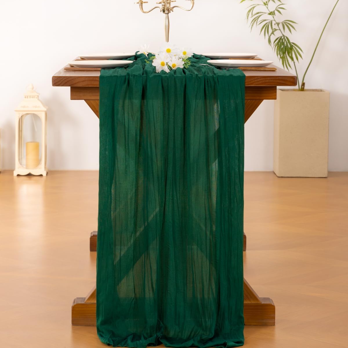 Socomi Emerald Green Cheesecloth Table Runner - 120 Inch Rustic Boho Decor for Weddings & Events