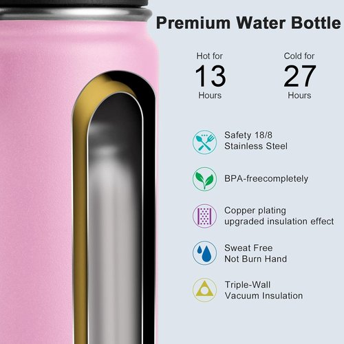 Koodee Insulated Water Bottle - 22 oz Stainless Steel Double Wall Vacuum Sport Bottle | Leakproof Spout Lid (Pink)