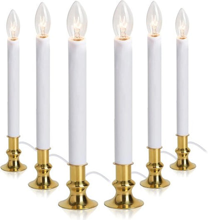Electric Christmas Window Candle Lamp - 6-Pack | Brass-Plated Base with LED Bulbs | Dusk-to-Dawn Sensor