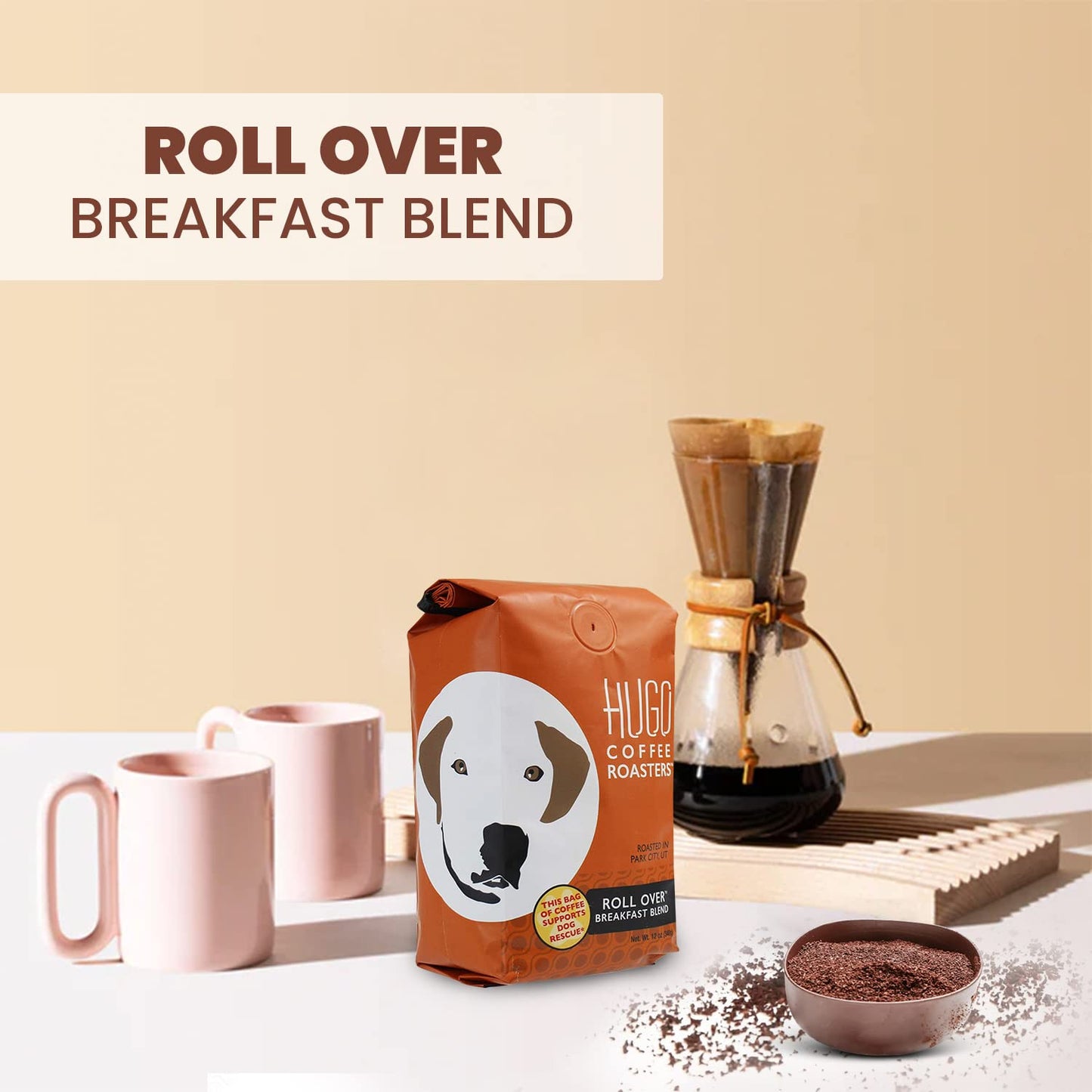 Hugo Coffee Ground Roll Over Breakfast Blend Coffee with Bright, Playful, & Sweet Tasting Notes | Hugo Supports Dog Rescues (12 oz)