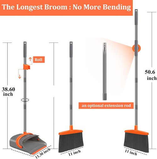 Ivandar Broom and Dustpan Set - Long Handle Combo for Home & Office | Gray & Orange Indoor/Outdoor Use