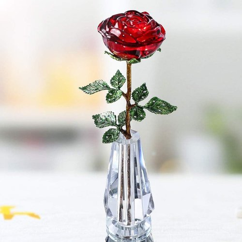 HDCRYSTALGIFTS 10'' Red Crystal Rose Figurine - Elegant Flower Gift for Mom | Collectible Glass Ornament for Home Decor