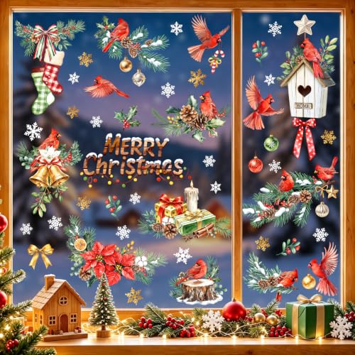 Tanlaby Christmas Window Clings Pine Tree Bird Holiday Decor - Variation: Pine Tree Cardinal Birds