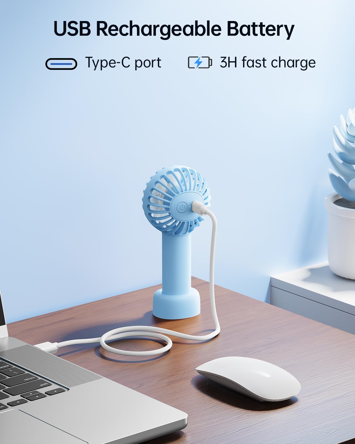Sweetfull Mini Portable Fan - Rechargeable Handheld Fan with 3 Speeds | Cute Light Blue Design for Travel & Makeup