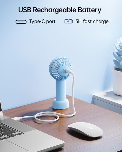 Sweetfull Mini Portable Fan - Rechargeable Handheld Fan with 3 Speeds | Cute Light Blue Design for Travel & Makeup