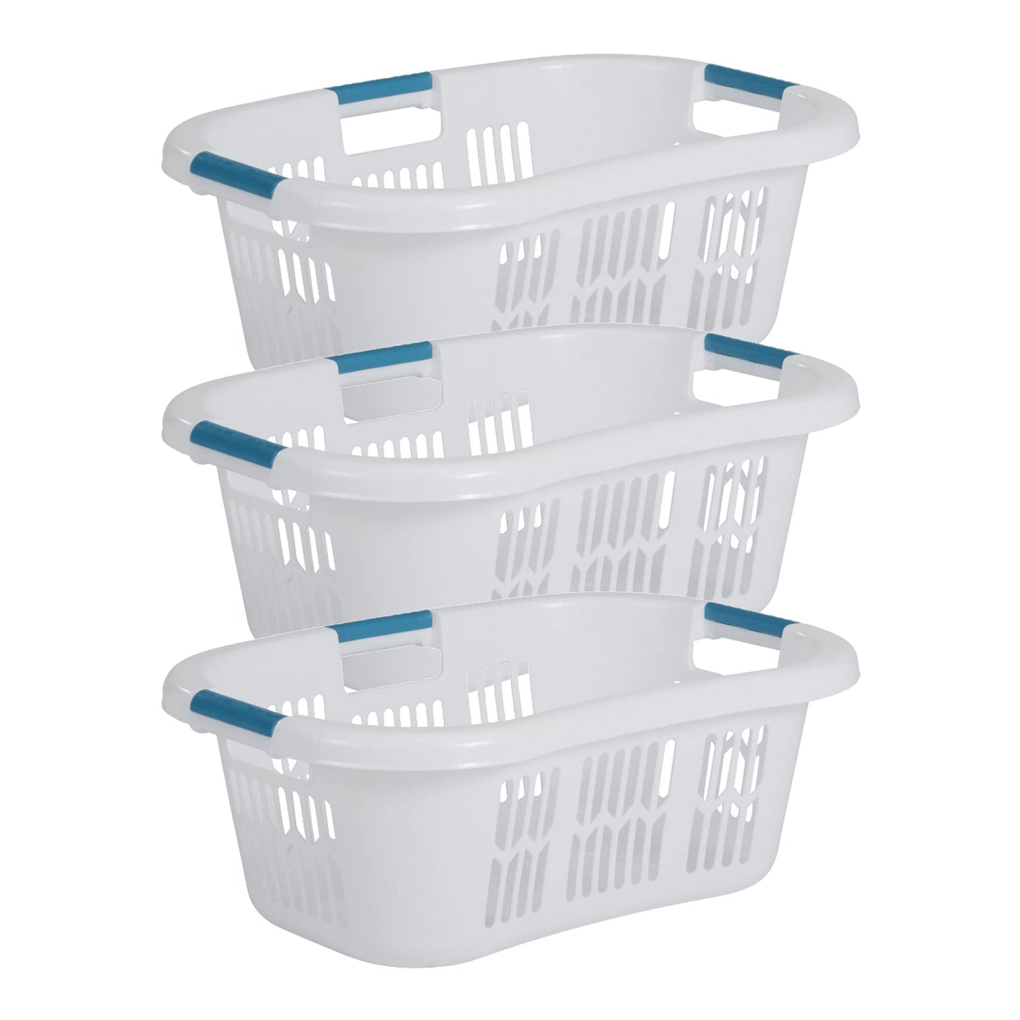 Rubbermaid 2.1-Bushel Small Hip-Hugger Portable Plastic Laundry Basket with Grab-Through Handles, White (3-Pack)