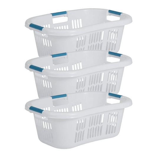 Rubbermaid 2.1-Bushel Small Hip-Hugger Portable Plastic Laundry Basket with Grab-Through Handles, White (3-Pack)