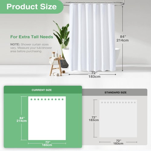 Dynamene Extra Long Fabric Shower Curtain - Waffle Weave 84 Inches Long Heavy Duty Cloth Shower Curtains for Bathroom, 256GSM Tall Hotel Luxury Bath Curtain Set with 12 Plastic Hooks(72Wx84H, White