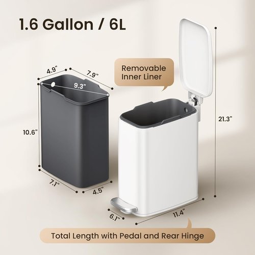 Cesun Slim Bathroom Trash Can - 6L Stainless Steel Wastebasket with Soft Close Lid & Foot Pedal | White