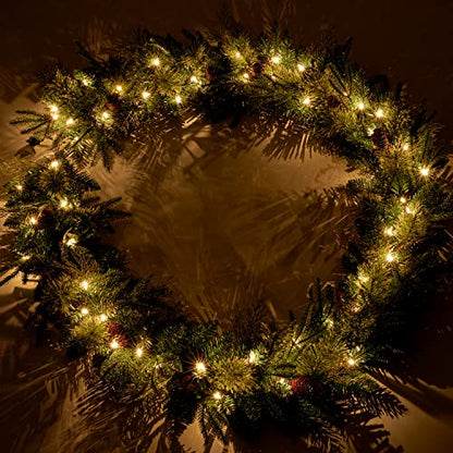 9Ft Pre-lit Christmas Garland with Pine Cones - Green PVC & PE, 50 Lights, Indoor Outdoor Holiday Decor