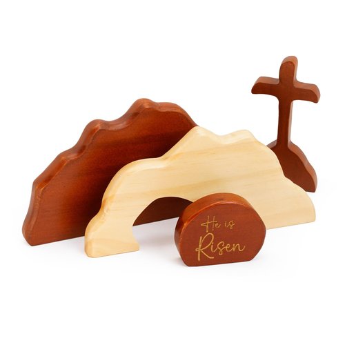 RUSATEN He is Risen Easter Decor – Wooden Resurrection Scene with Empty Tomb, Cross & Figurines, Christian Religious Tabletop Decoration for Home Christian Easter Basket Stuffer