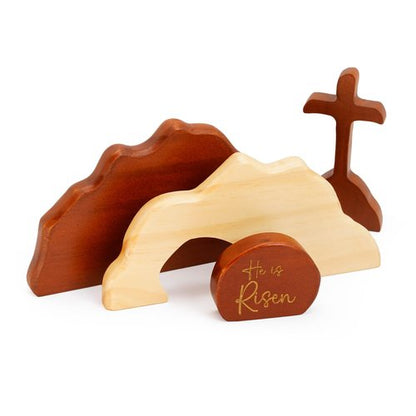 RUSATEN He is Risen Easter Decor – Wooden Resurrection Scene with Empty Tomb, Cross & Figurines, Christian Religious Tabletop Decoration for Home Christian Easter Basket Stuffer