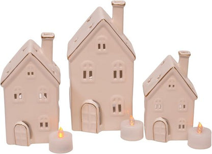 Mark Feldstein & Associates Holiday Tea Light Village House Figurines - White Glazed Porcelain, Set of 3, 8 Inch
