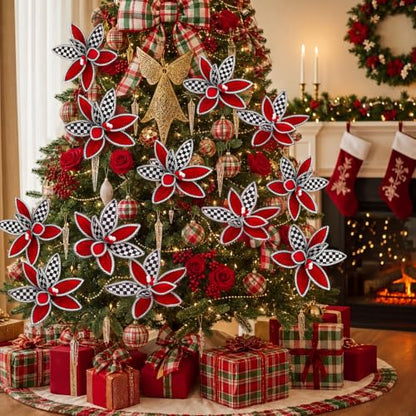 Black Checkered Christmas Poinsettia Artificial Flower Set - 12 Inch