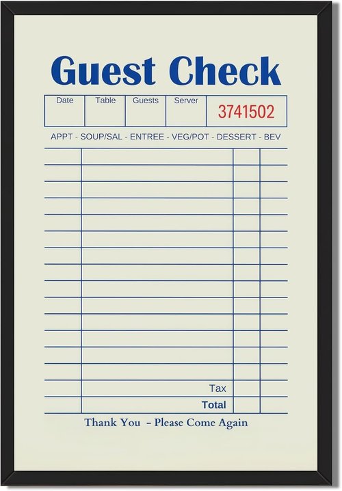 Licpach Canvas Print - Retro Guest Check Wall Art for Dining Room | Funny Blue Receipt Design, 8x12 Inch Black Frame