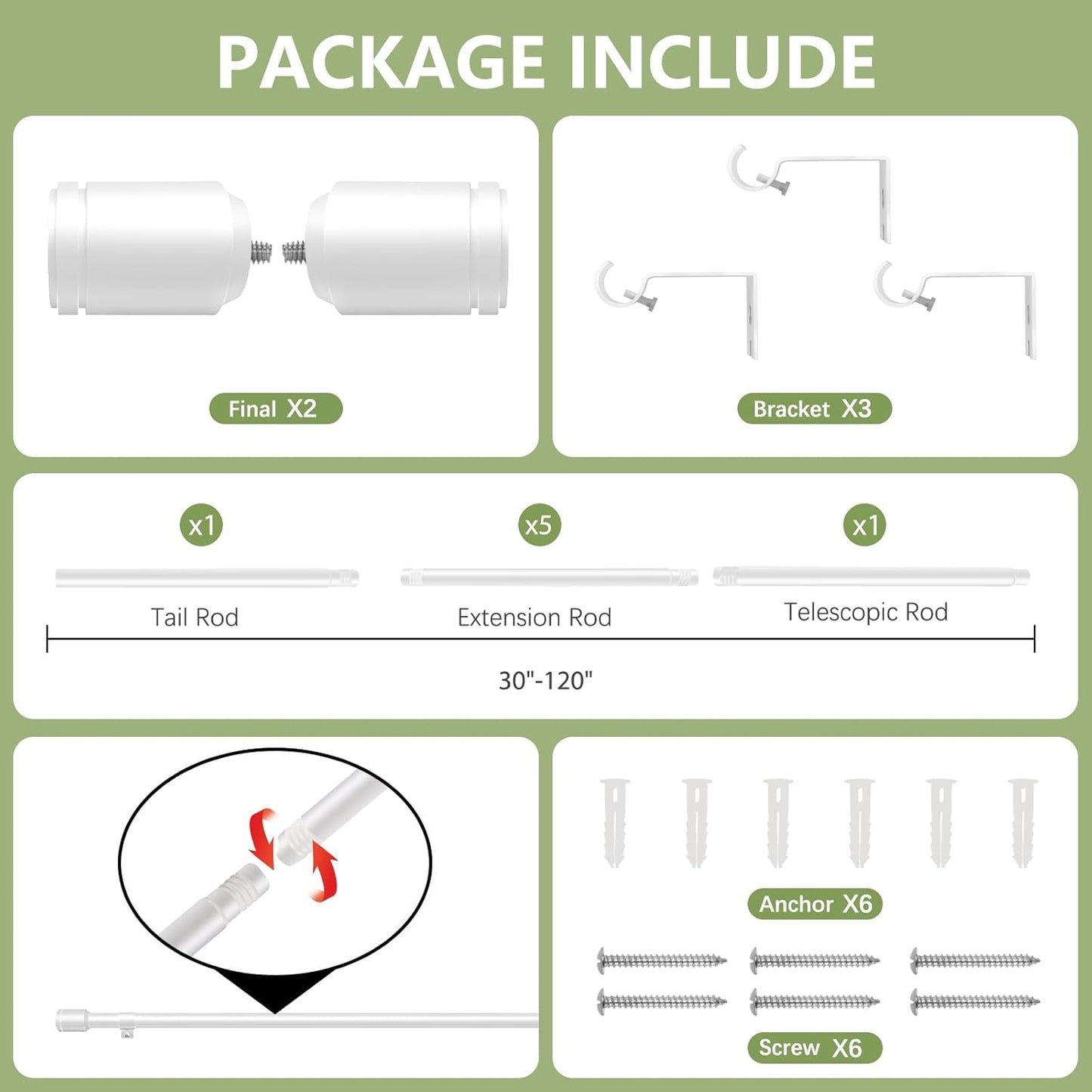 Skiennix Adjustable 5/8” Diameter Curtain Rods - 30-120 Inch for Windows | White with Brackets