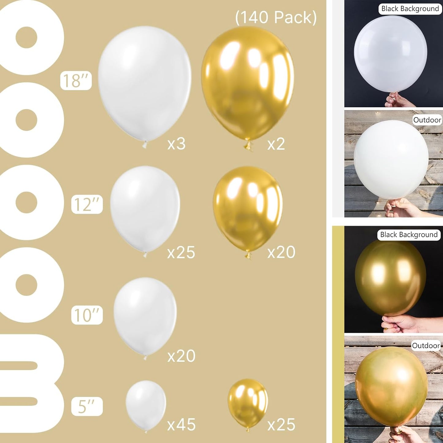 PartyWoo White & Gold Balloons - 140-Piece Pack with 18", 12", 10", & 5" Sizes for Birthday & Party Decor