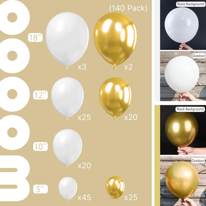 PartyWoo White & Gold Balloons - 140-Piece Pack with 18", 12", 10", & 5" Sizes for Birthday & Party Decor