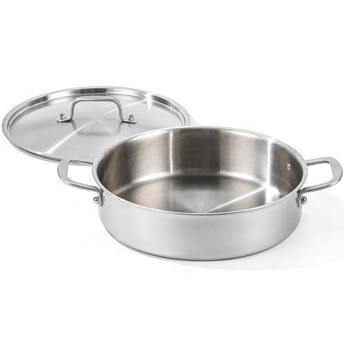 DELARLO Tri-Ply Stainless Steel 5 Quart Braiser Pan with Lid Induction Rondeau Pot With Lid 12inch Deep Frying Pan Large Saute Pan Heavy Duty Style Compatible With All Cooktops Up to 650℉