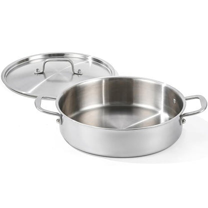 DELARLO Tri-Ply Stainless Steel 5 Quart Braiser Pan with Lid Induction Rondeau Pot With Lid 12inch Deep Frying Pan Large Saute Pan Heavy Duty Style Compatible With All Cooktops Up to 650℉