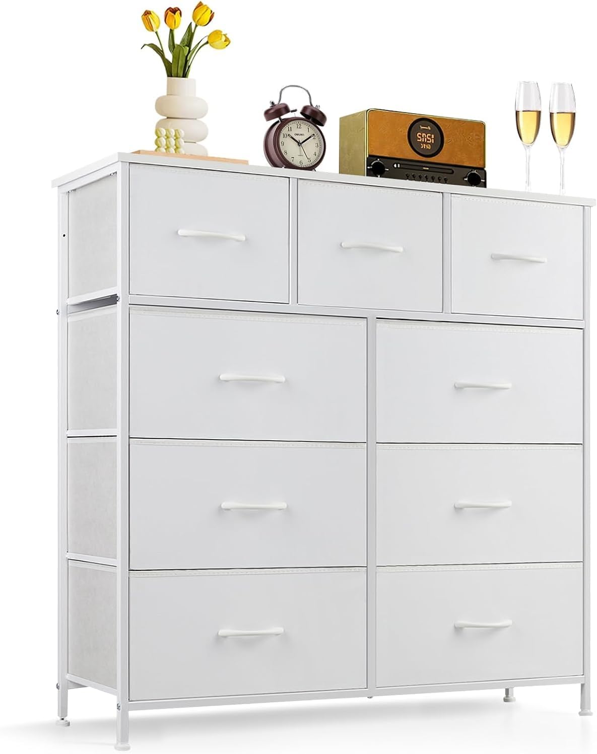 Regine Switzerland 9-Drawer Dresser - Anti-Tip Storage Organizer with Wooden Top & Metal Frame | White
