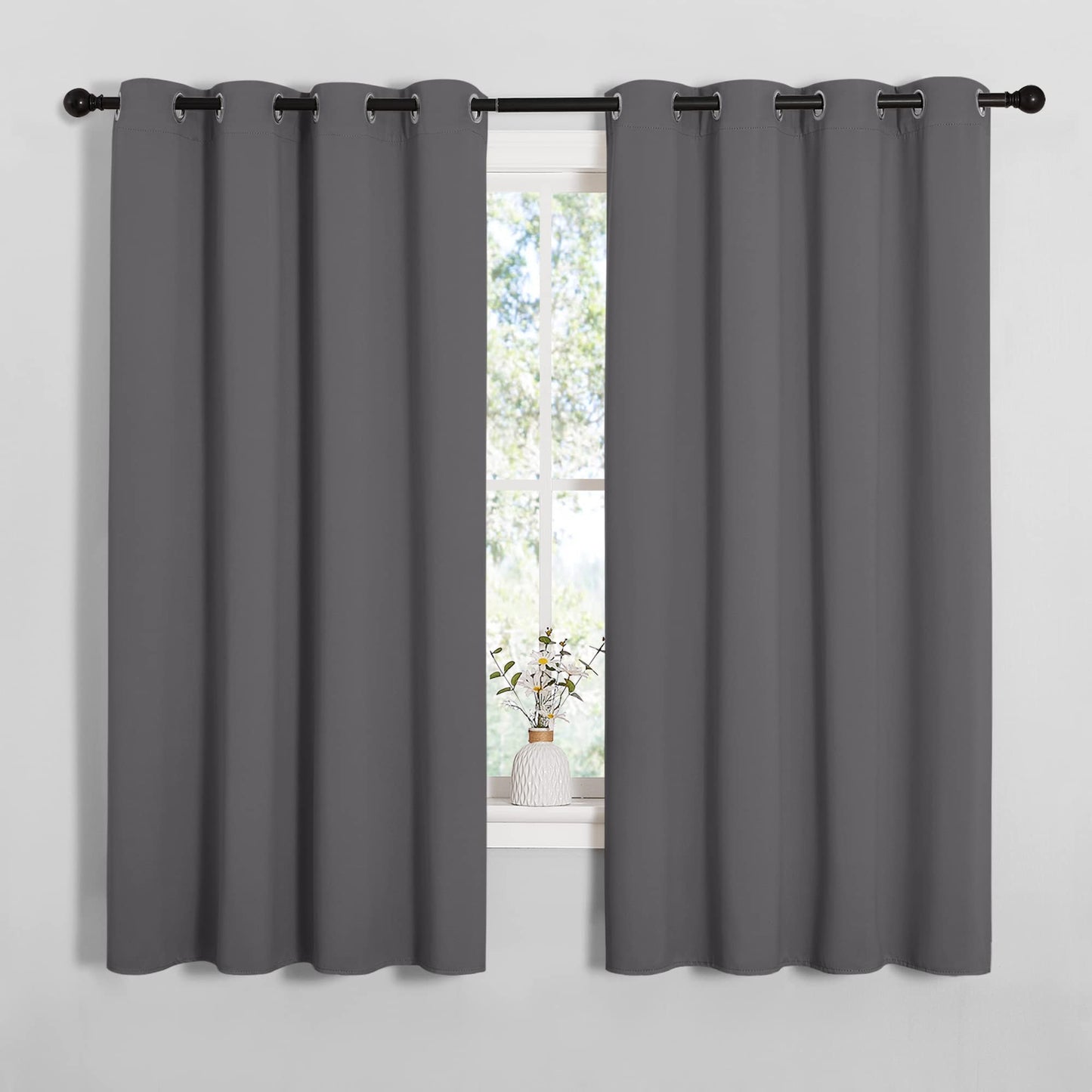NICETOWN Grey Blackout Curtain Panels for Bedroom, 2 Panels, W55 x L57-inch, Grey, Thermal Insulated Grommet Top Blackout Draperies and Drapes for Basement