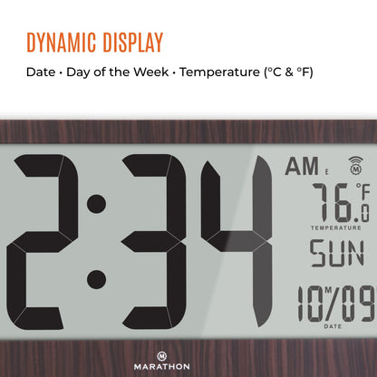 MARATHON Slim Jumbo Panoramic Atomic Wall Clock with Date & Temperature, Wood Grain - Large 17-Inch Display - AM/PM or 24-Hour Time Format, Eight Time Zones - Four AA Batteries Included