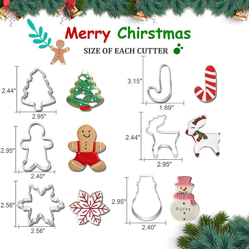 6Pcs Christmas Cookie Cutter Set - Stainless Steel Snowflake, Tree, Reindeer, Candy Cane, Gingerbread Man, Snowman (Variation: Christmas)