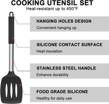 E-far Silicone Cooking Utensils Set - 7 Heat Resistant Kitchen Tools with Stainless Steel Handles | Black